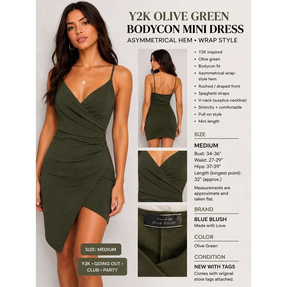 Nanamacs Clothing Co Y2K Olive Green Asymmetrical Hem Bodycon Mini Dress Size M